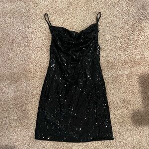 Black Sequin Cowl Neck Dress